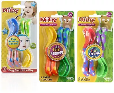 Nuby Fun Feeding Easy Grip Kids Toddler Child Spoons & Forks 2-Pack 12m+ - NEW • £7.99