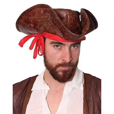 Wholesale Brown Leather Look Caribbean Pirate Hat Adults Fancy Dress Tricorn • £10.99