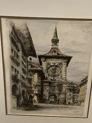 Antique Vintage Paul Geissler (1881-1965) Signed Etching Bern Clock Tower 1920’s • $350