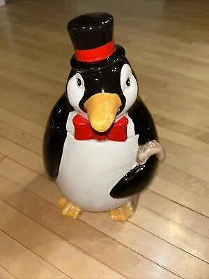 Vintage Ceramic Tuxedo Penguin Footed Cookie Jar Black Top Hat Red Bow Tie Cane • $19.99