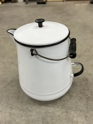 Vintage White Enamelware Coffee Pot With Black Trim & Lid LARGE • $39