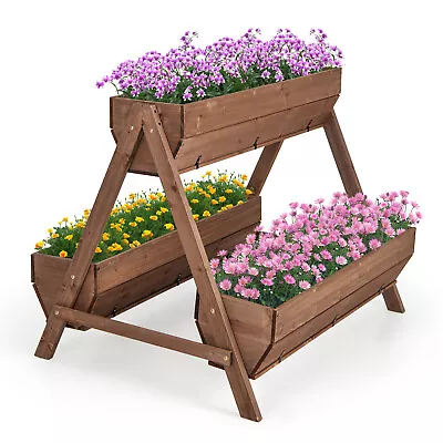 Vertical Raised Garden Bed Wood Tiered Plant Stand W/ 3 Planter Containers • $109.98