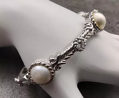 Judith Ripka Sterling Silver Mabe Pearl & Diamonique Hinged Cuff Bracelet 7.5  • $129