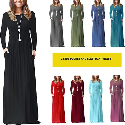 Women's Casual Long Sleeve Maxi Dress Loose Long Dresses With Pockets • £11.95