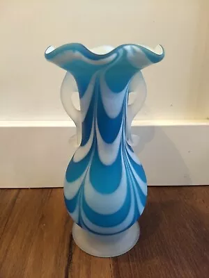 Vintage Blue & White Satin Nailsea Art Glass Drapery Vase W/ Loop Handles 7  • £61.76