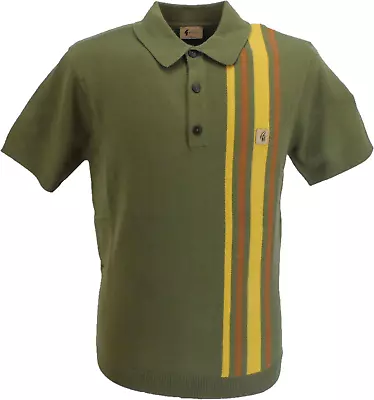 Gabicci Vintage Mens Spruce Green Racing Stripe Knit Polo Shirt • £64.99