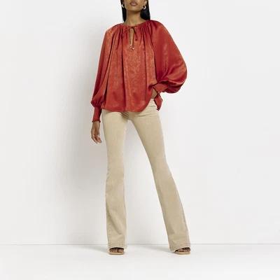 £9 • Buy River Island Womens Blouse Rust Balloon Long Sleeve Satin Tie Front Top