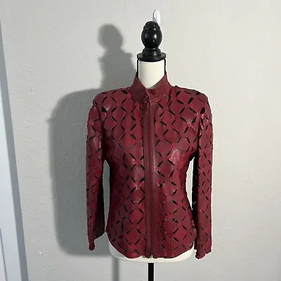 Vintage 80s Leather Jacket Womens Red Floral Cut Out Print Thriller MJ Moto Sz S • $39