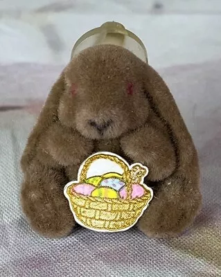 Vintage Flocked Easter Bunny Rabbit  Pin Brooch Easter Basket World Trend Brown • $9.95