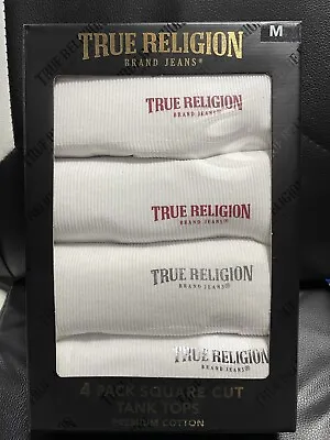 TRUE RELIGION 4-Pack Men's Logo Ribbed Square Cut Tanks Tops White Size M • $31.99