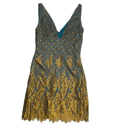 Miguelina Silk And Lace Two Tone Cocktail Mini Dress Teal And Gold Size Medium • $75