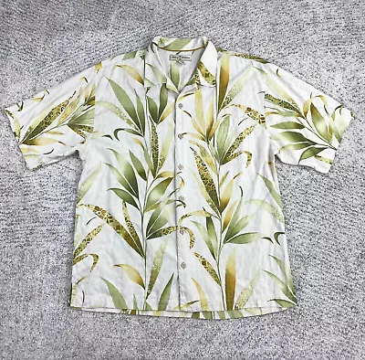 Tommy Bahama Shirt Men Large Silk Bamboo Leaf Hawaiian Camp Tiki Cream Green GUC • $34.89