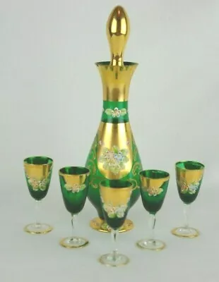 Vtg Seyei Victorian Glass Bar Set Decanter Green Glass W/ Dessert Flutes Enamel  • $115