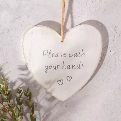Sass & Belle Please Wash Your Hands Bathroom Wooden Heart Plaque Hanging Sign • £4.09