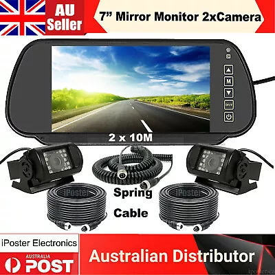 7  Rear View Mirror Monitor+2x IR Reversing Camera Spring Cable Trailer Caravan • $128.99