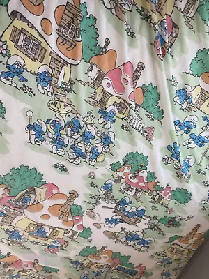 £14.35 • Buy Vintage Smurfs Twin Flat Bed Sheet Fabric Material Mushroom Papa Smurfette Faded