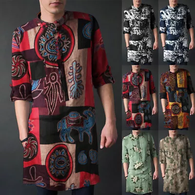 Mens Indian Clothes Long Sleeve Casual Solid Kurta  Tunic Tops Long  • £17.39