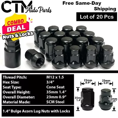 20x Black 12x1.5 Cone Seat Wheel Lug Nut + Wheel Lock Combo Set Fit Volvo & More • $31.99