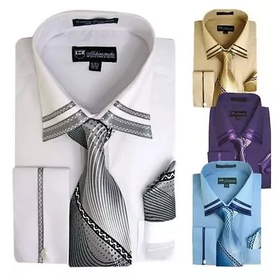 Men's French Cuff Casual Dress Shirt + Matching Tie And Hanky Set  SG-28 • $22.95