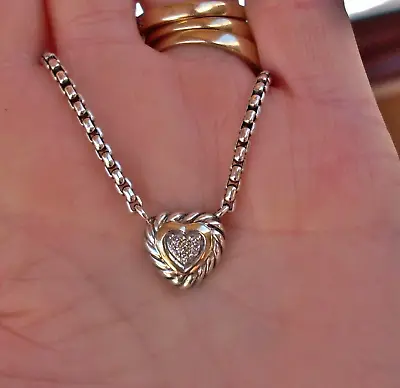 Retired David Yurman Diamond Cookie Heart Pendant W/Attached DY Chain -  18K/925 • $399.99