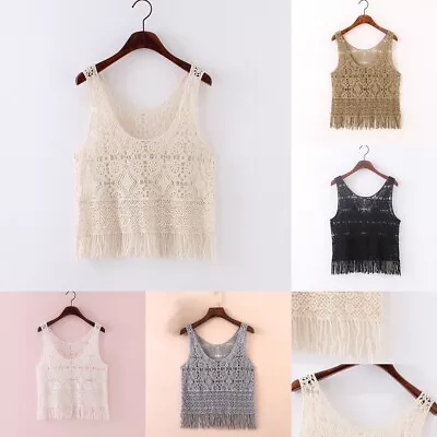 Boho Women Crochet Vest Tassels Trim Tank Top Cami Sleeveless Coat Retro Causal • £19.43