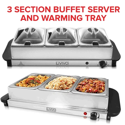 £34.95 • Buy 3 Pan Food Warmer Buffet Server Hot Plate 3 Tray Adjustable Temperature 300W