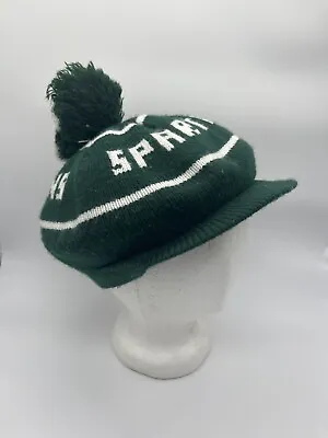 Vintage Michigan State Sparts Winter Brimmed Beanie Hat W/ Pom Green White MSU • $11.49