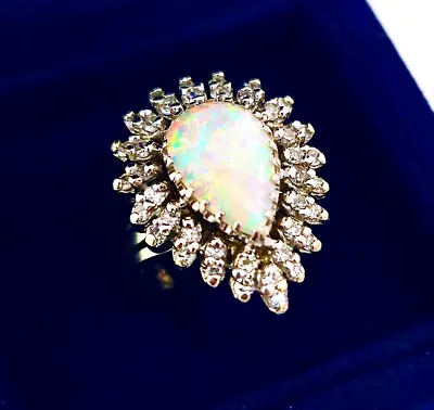 Large Vintage 1960's 14k White Gold Australian Opal And Diamond Ring • $1790