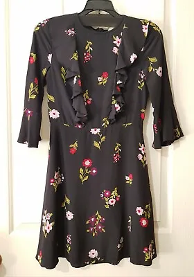 Kate Spade Black Floral Flounce Sleeve Silk Dress  Size 00 (XS) • $24