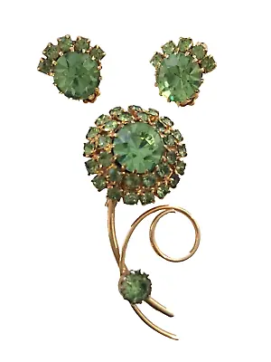 Vintage Gold Tone Faceted Green Rhinestone Flower Pin Brooch & Matching Earrings • $45