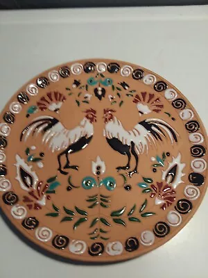 Vintage Manousakis Keramik Rhodes  Roosters Art Pottery  9 3/4 In Plate  Greece • $25