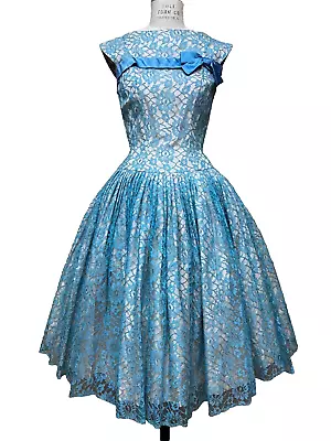 Vtg 50s Turquoise Cupcake Lace Taffeta Party Prom Drop Waist Dress GiGi Young S • $225