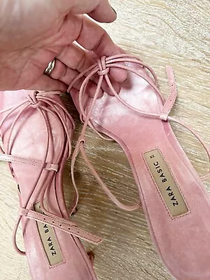 Zara Basic BNWOT Pale Pink 100% Leather Mid Heel Strappy Stiletto Sandals UK 6 • £20