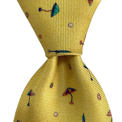 BVLGARI SEVENFOLD Mens Silk Necktie ITALY Luxury BEACH UMBRELLA/BALLS Yellow EUC • $104.99
