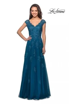 NWOT  La Femme Size 12 Embellished Tulle & Lace A-Line Gown Teal *Prom • $188