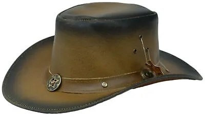 £17.95 • Buy Real Leather Western Style Cowboy Bush Hat Tan Brown Removable Chin Strap UK 