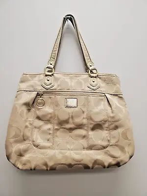 Coach  Poppy Glam Tote Handbag Shoulder Purse Signature Lurex Gold Khaki #17890 • $40
