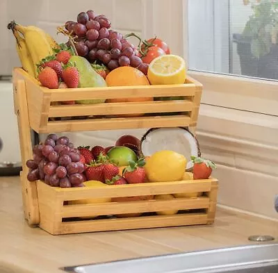 2 Tier Bamboo Fruit Basket Bread Storage Stand Vegetable Rack Countertop Basket • £14.95