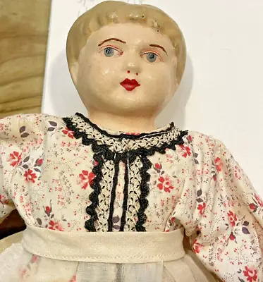 11” ANTIQUE VINTAGE MINERVA DOLL PAINTED FACE GERMANY Yellow HAIR TIN METAL HEAD • $39.55