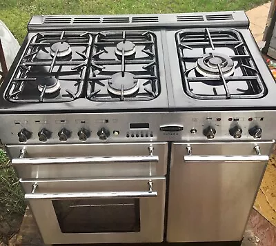 RANGEMASTER TOLEDO 90 Cm DUAL FUEL. 5 BURNER 2 OVEN INC GLASS SPLASHBACK & HOOD. • £399