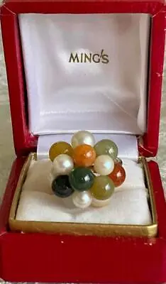 Ming's Of Honolulu 14KYG Multi Color Jadeite And Pearl Cluster Ring Size 6 • $595