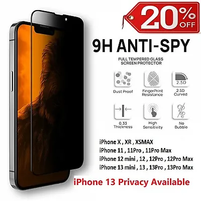 $4.95 • Buy Screen Protector For IPhone X XS MAX 11 Pro 12 13 MAX PRIVACY FULL COVER GLASS