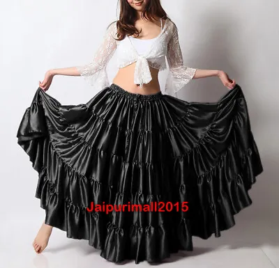 Black Satin 12 Yard/16 Yard Skirt Tiered Gypsy Flamenco Tribal Belly Dance Skirt • $37.61