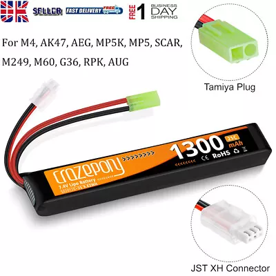 7.4V 1300mAh 25C LiPo Battery With Mini Tamiya Plug Rechargeable For Airsoft  • £12.25