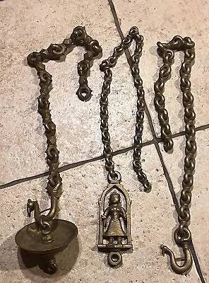 Indian Handcrafted Antique Brass Chain Hanging  Oil Lamp Temple Home Decor • $149.99