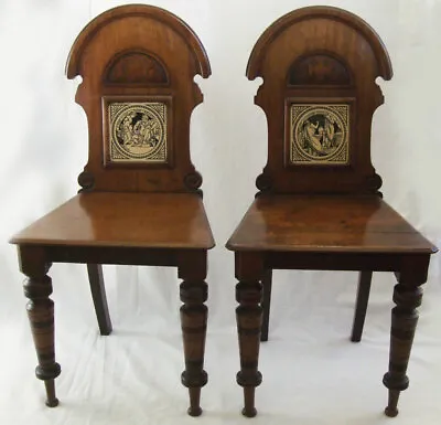 Pr Antique Victorian Aesthetic Movement Walnut Hall Chairs John Moyr Smith Tiles • £375