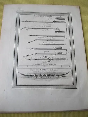 Vintage PrintDARDS POUR LA PECHEc1749Umiak Kaiak Ou Canot A Un Seul Homme • $20