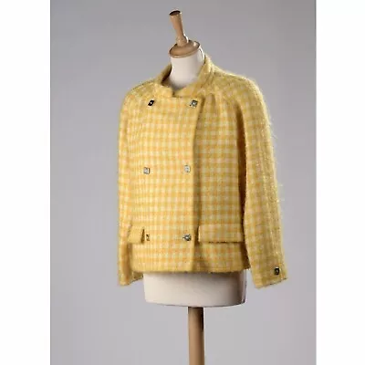 Vintage Courreges Paris Yellow Tweed Blazer Double Breasted Jacket Mohair Blend • $179