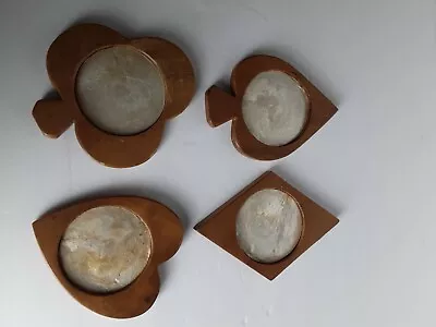 Vintage Set Of 4 Monkey Pod Mother Of Pearl Wood Poker Card Suit Coasters  (D1) • $15