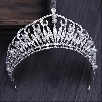 7cm Tall Large Adult Crystal Pearl Wedding Bridal Queen Pageant Prom Tiara Crown • £14.99